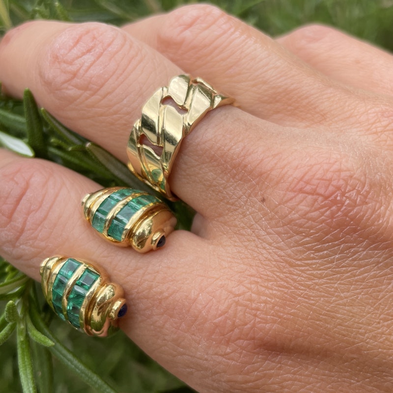 Vintage 18k Yellow Gold Emerald and Blue Sapphire Cuff Ring