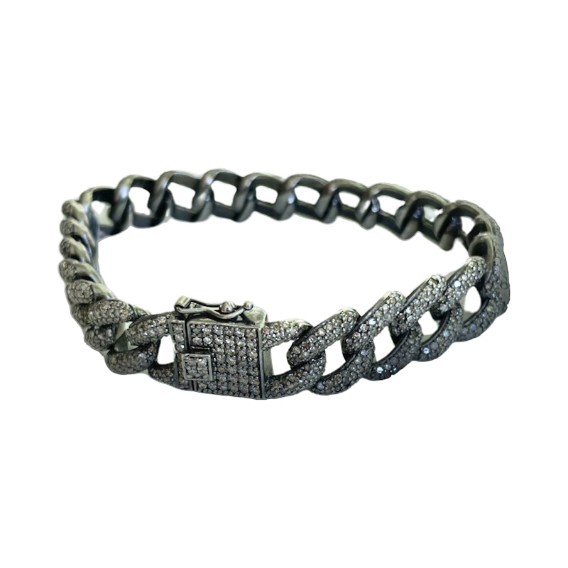 Oxidized Silver Pavé Diamond Cuban Link Chain Bracelet