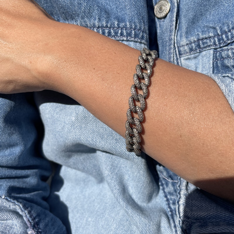 Oxidized Silver Pavé Diamond Cuban Link Chain Bracelet