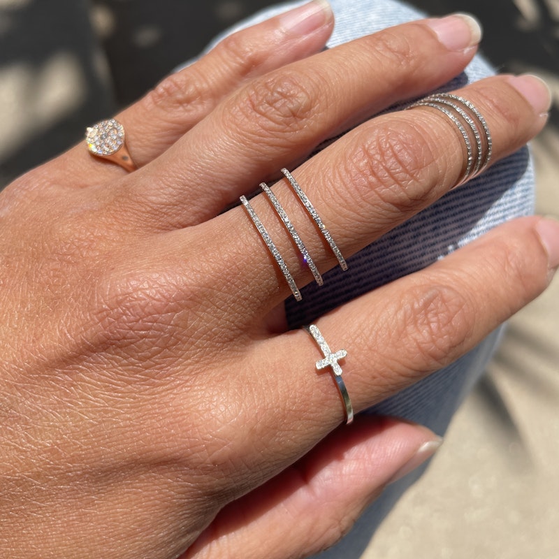 14K White Gold Double Diamond Band Full Finger Ring