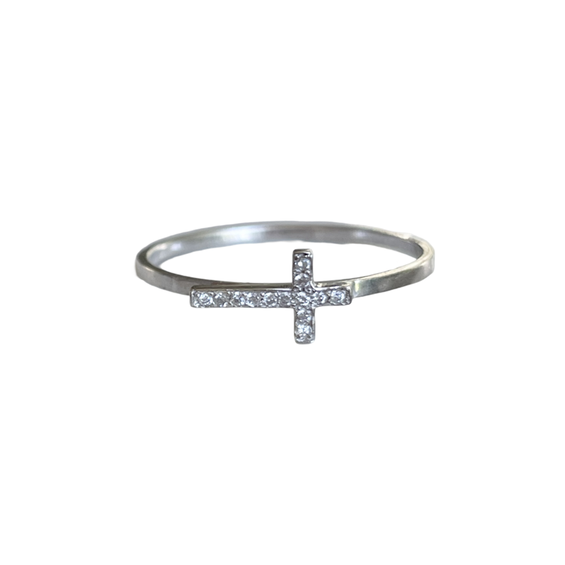 14k White Gold and Diamond Sideways Cross Ring