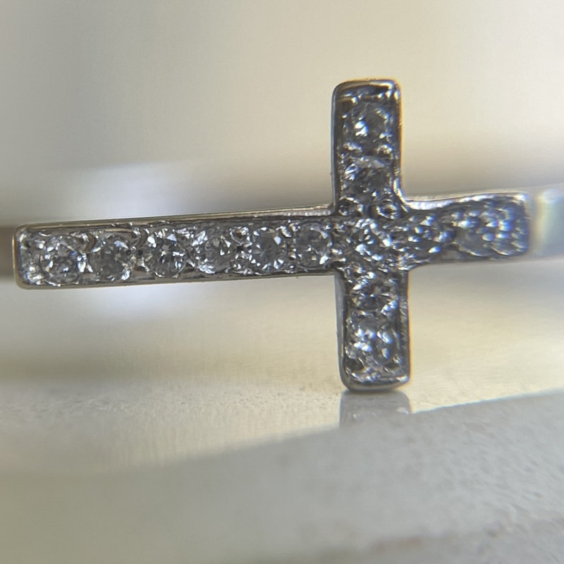 14k White Gold and Diamond Sideways Cross Ring