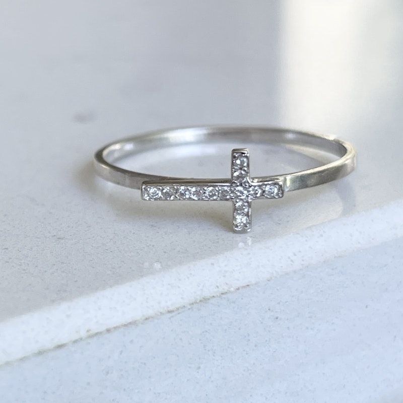 14k White Gold and Diamond Sideways Cross Ring