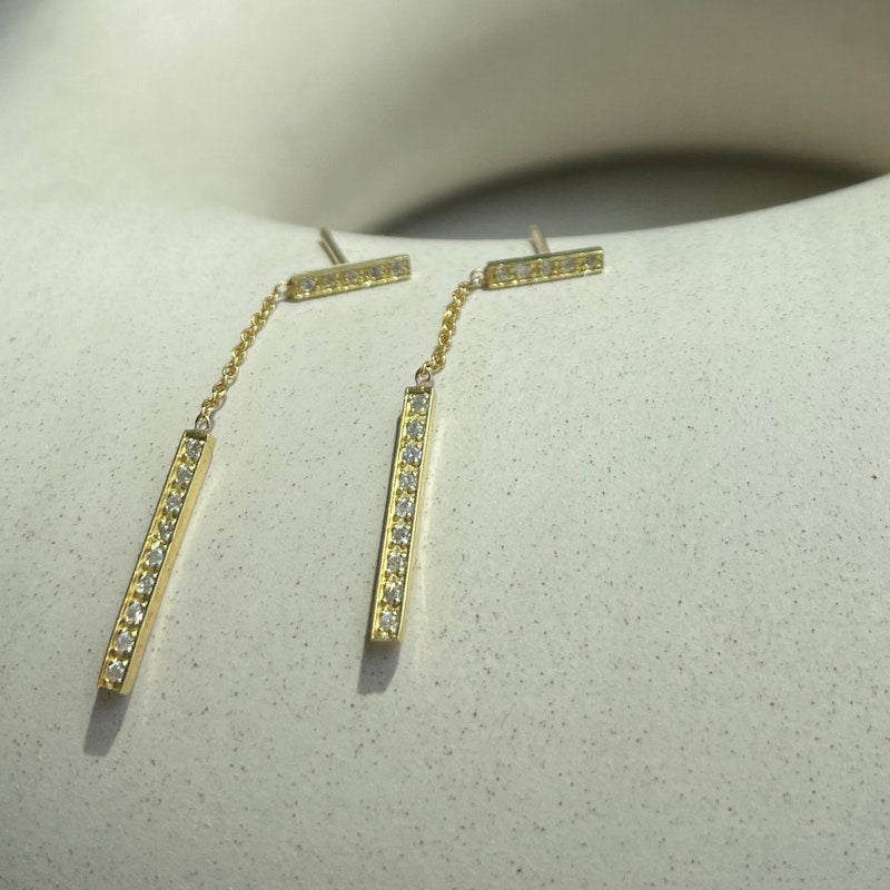 Jennifer Meyer Yellow Gold Diamond Bar Stud Drop Earrings