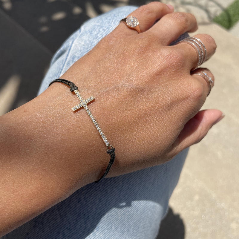 Zoë Chicco 14k Yellow Gold Diamond Cross Leather Bracelet