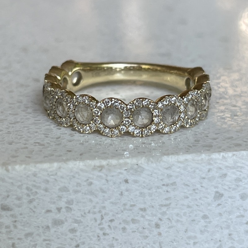 14k Yellow Gold Diamond Halo with Rose Cut White Topaz Ring
