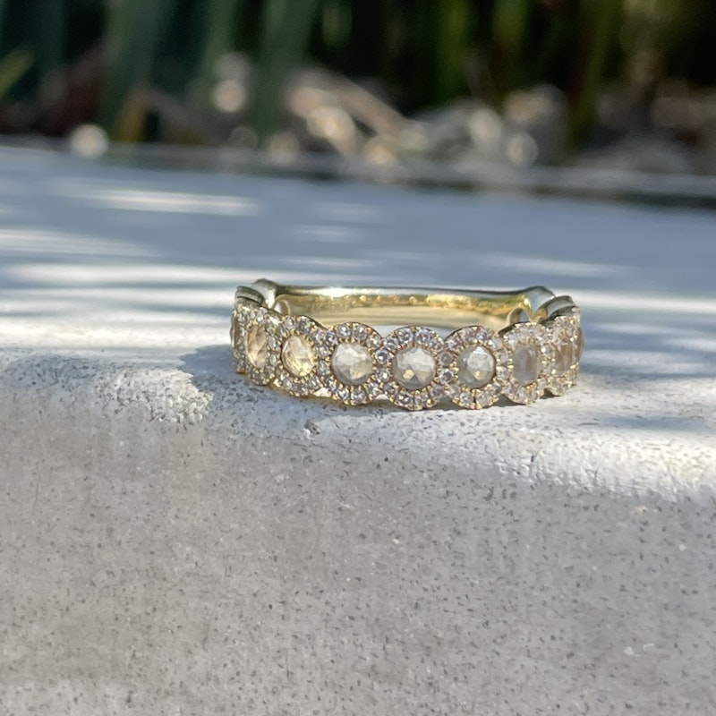 14k Yellow Gold Diamond Halo with Rose Cut White Topaz Ring
