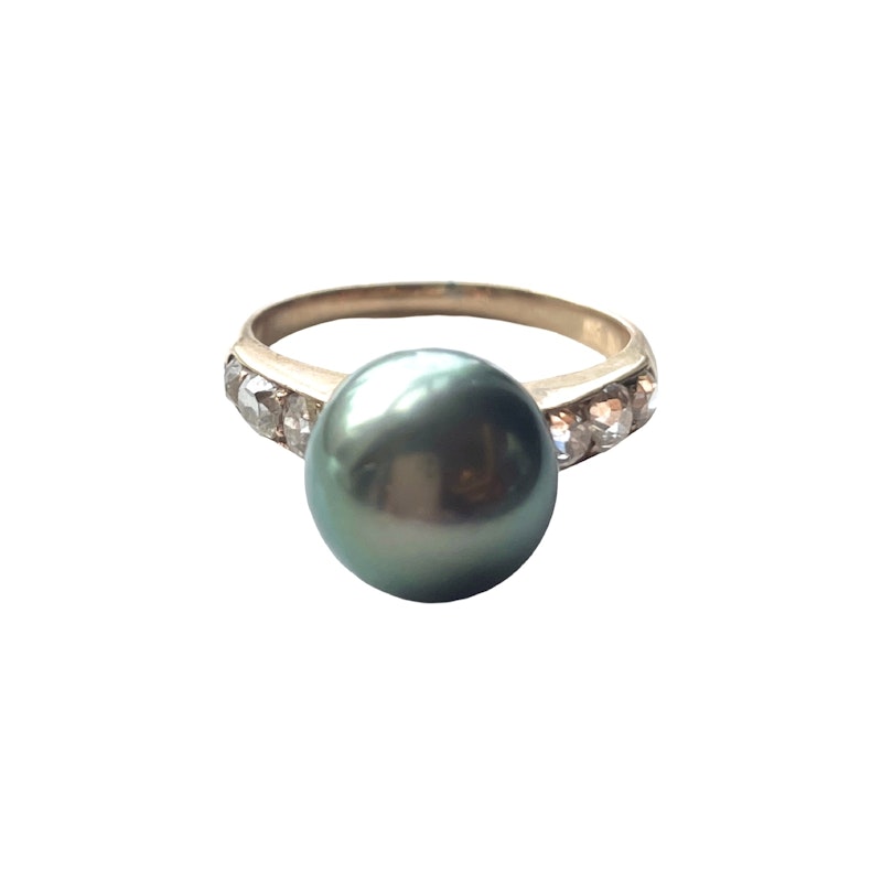 Vintage 14k Rose Gold and Tahitian Black Pearl Diamond Ring
