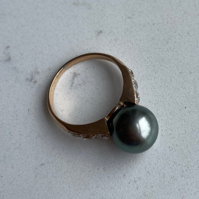 Vintage 14k Rose Gold and Tahitian Black Pearl Diamond Ring