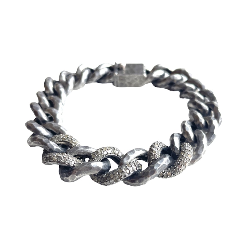 Hammered Sterling Silver and Diamond Cuban Chain Bracelet