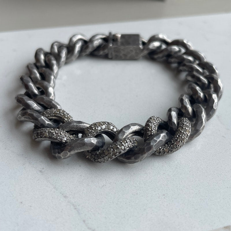 Hammered Sterling Silver and Diamond Cuban Chain Bracelet
