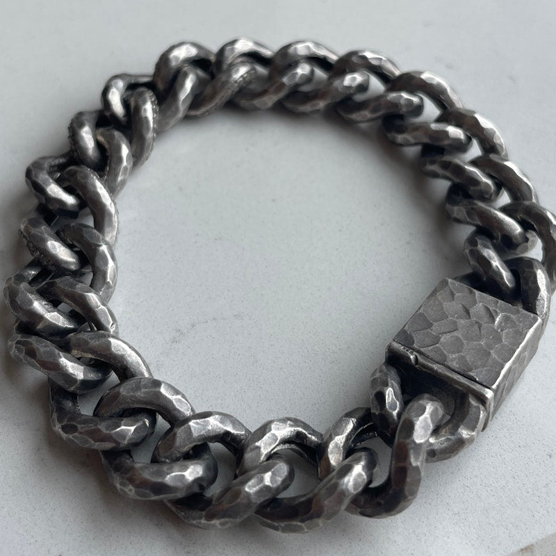 Hammered Sterling Silver and Diamond Cuban Chain Bracelet