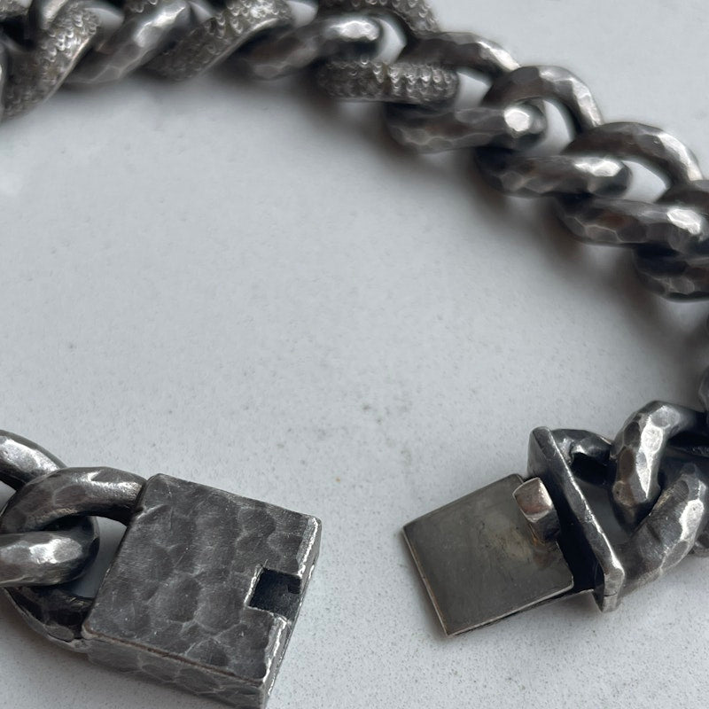 Hammered Sterling Silver and Diamond Cuban Chain Bracelet
