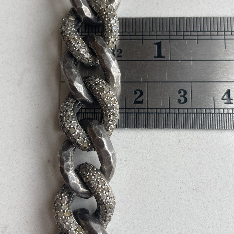 Hammered Sterling Silver and Diamond Cuban Chain Bracelet