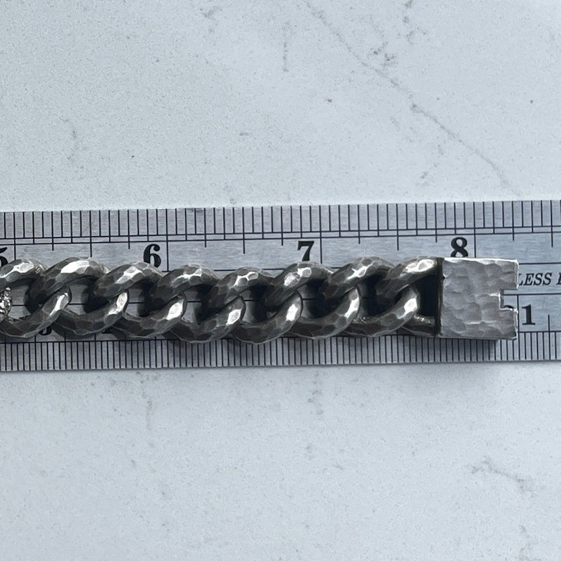 Hammered Sterling Silver and Diamond Cuban Chain Bracelet