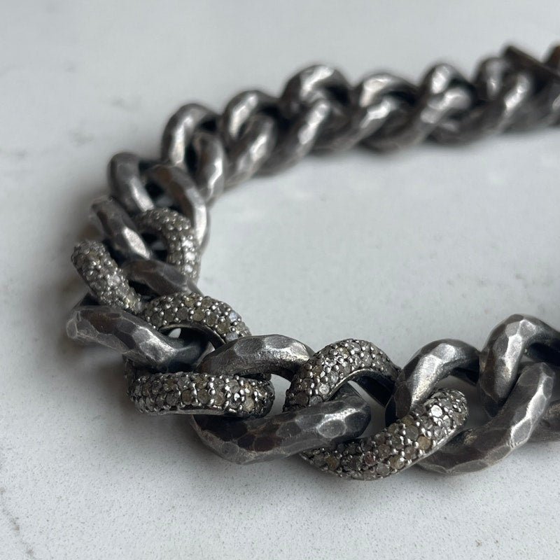 Hammered Sterling Silver and Diamond Cuban Chain Bracelet