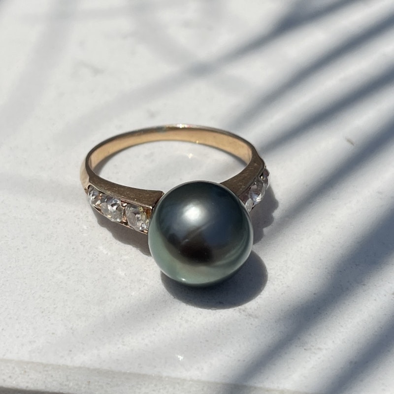Vintage 14k Rose Gold and Tahitian Black Pearl Diamond Ring