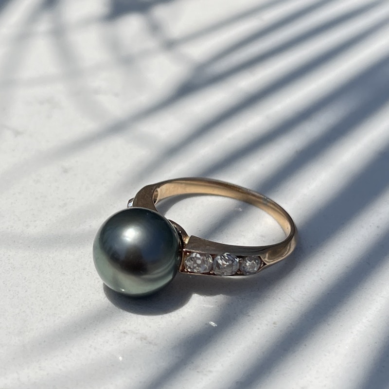 Vintage 14k Rose Gold and Tahitian Black Pearl Diamond Ring
