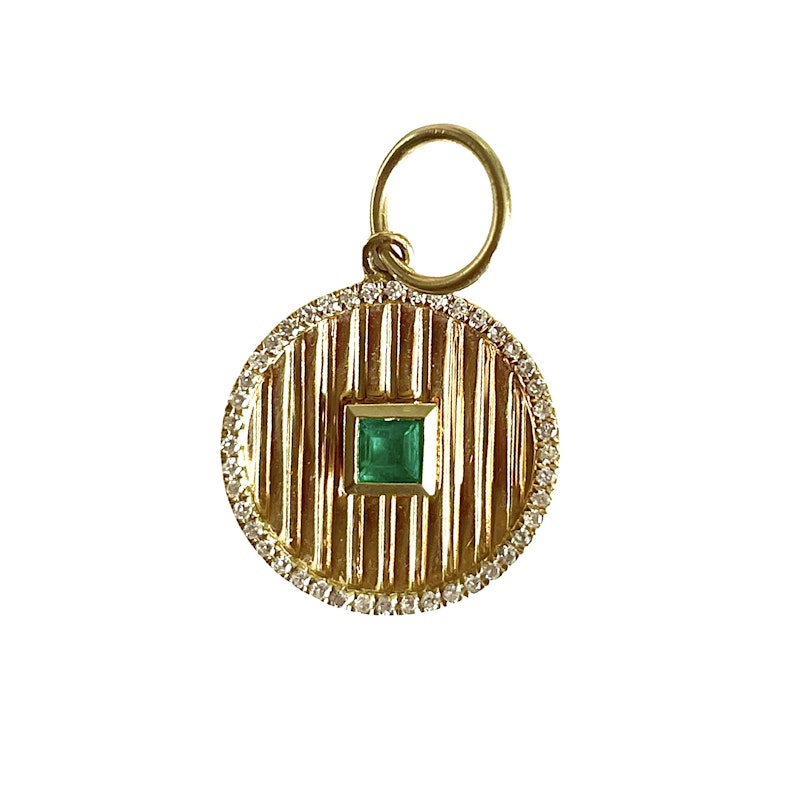 14k Yellow Gold Emerald and Diamond Fluted Round Charm