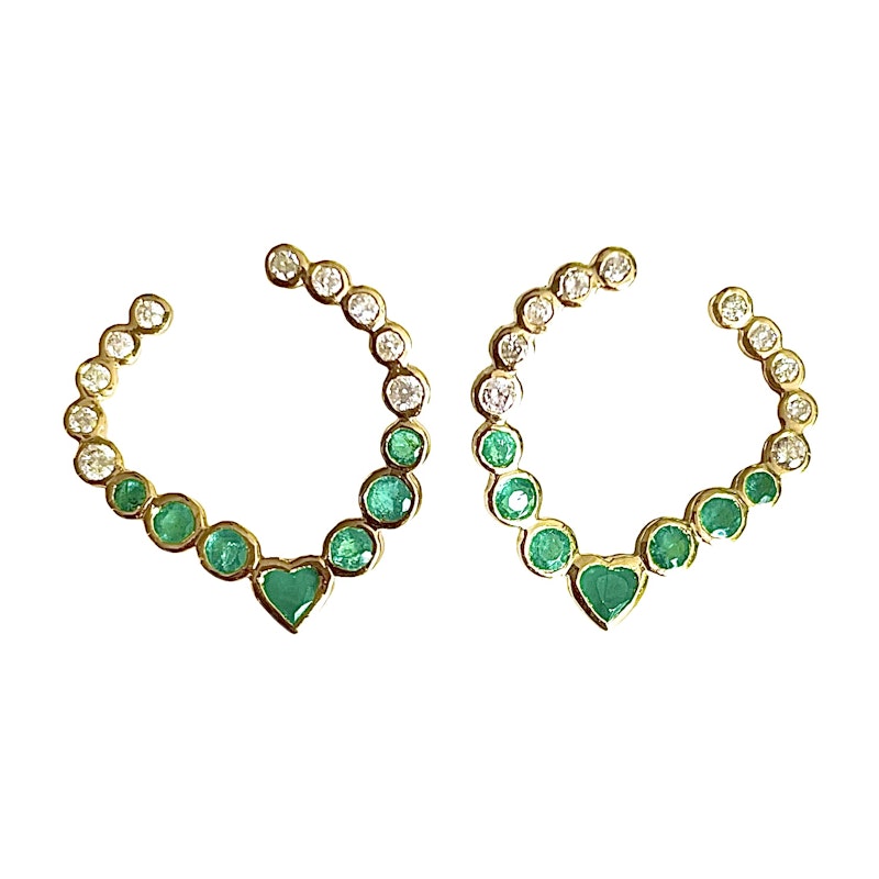 La Muse Gems 14k Heart Emerald and Diamond Swoop Earrings