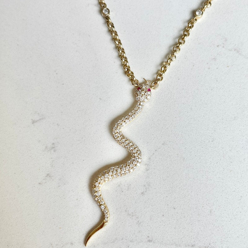 La Muse Gems 14k Ruby and Diamond Serpent Pendant Necklace