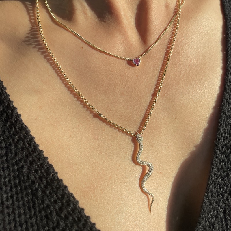 La Muse Gems 14k Ruby and Diamond Serpent Pendant Necklace