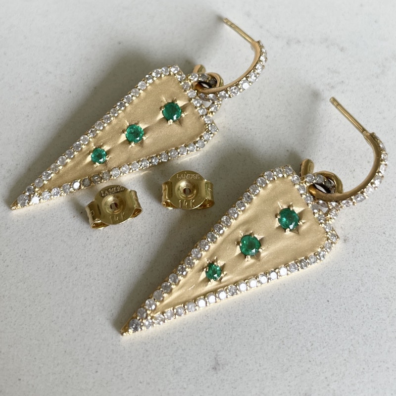 La Muse Gems Emerald and Diamond Triangle Dagger Earrings