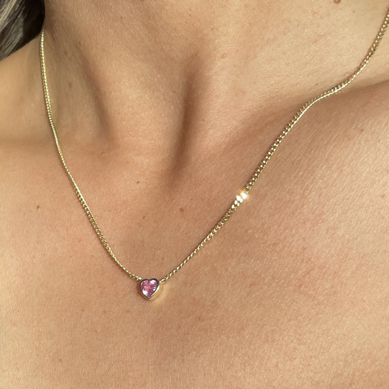 14k Yellow Gold Pink Sapphire Heart Curb Chain Necklace