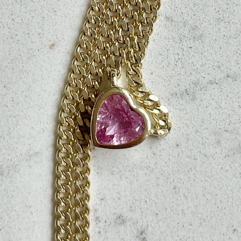 14k Yellow Gold Pink Sapphire Heart Curb Chain Necklace