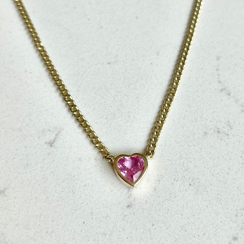 14k Yellow Gold Pink Sapphire Heart Curb Chain Necklace