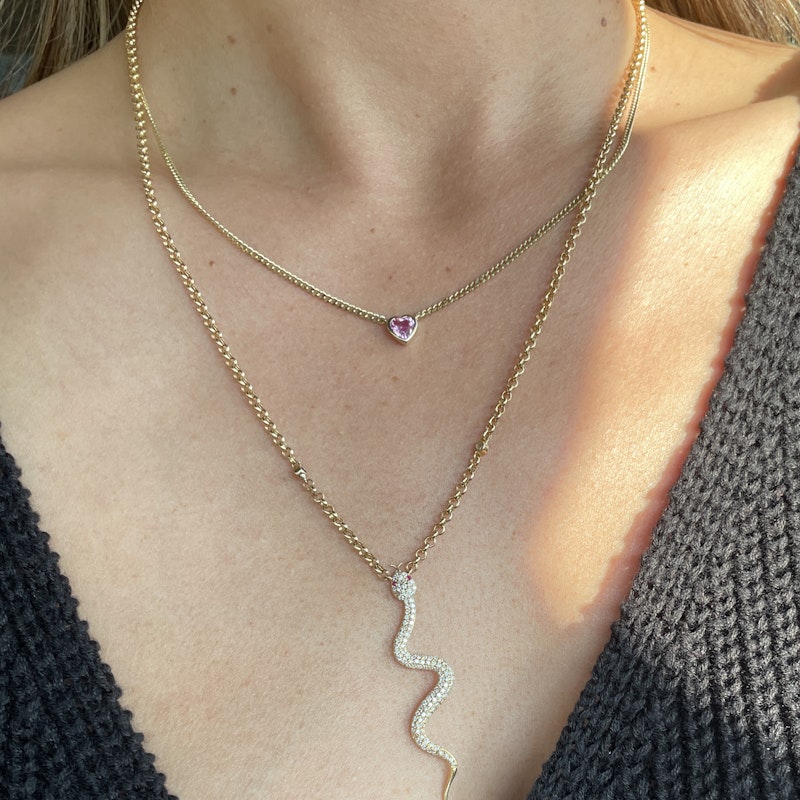 14k Yellow Gold Pink Sapphire Heart Curb Chain Necklace