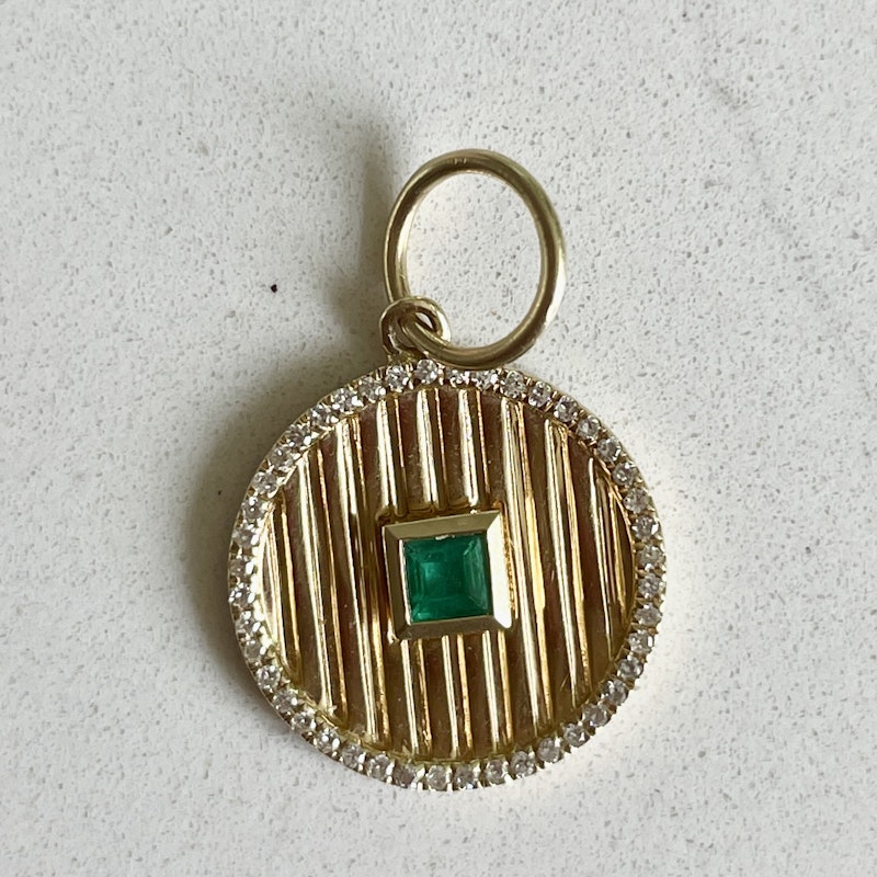 14k Yellow Gold Emerald and Diamond Fluted Round Charm