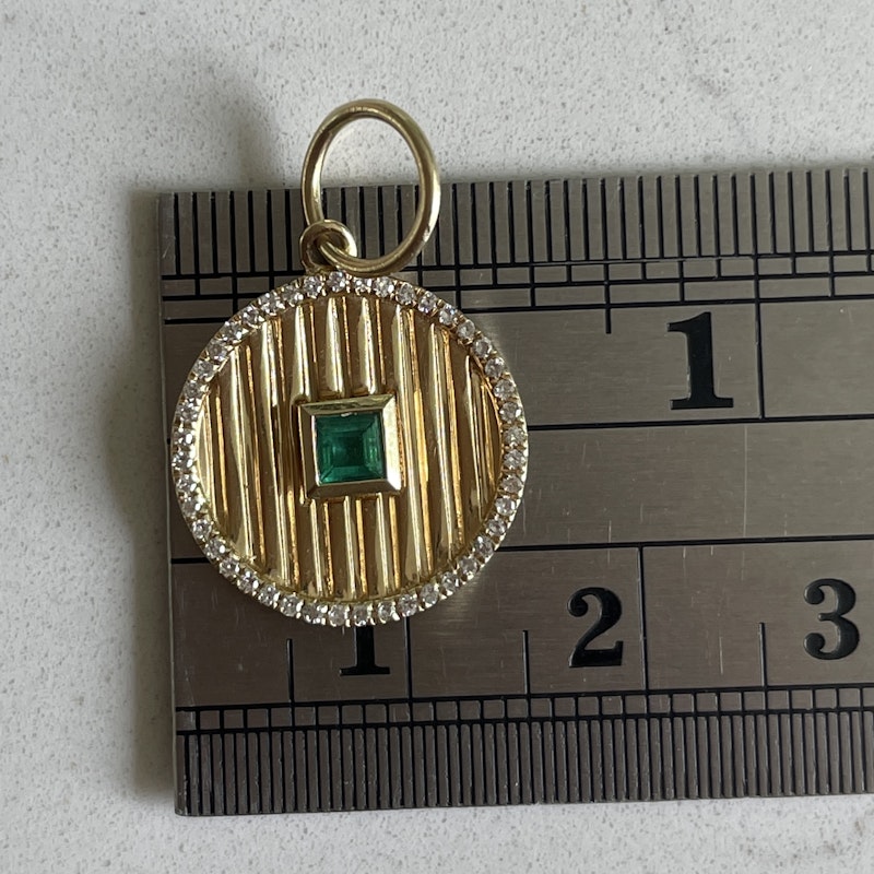 14k Yellow Gold Emerald and Diamond Fluted Round Charm