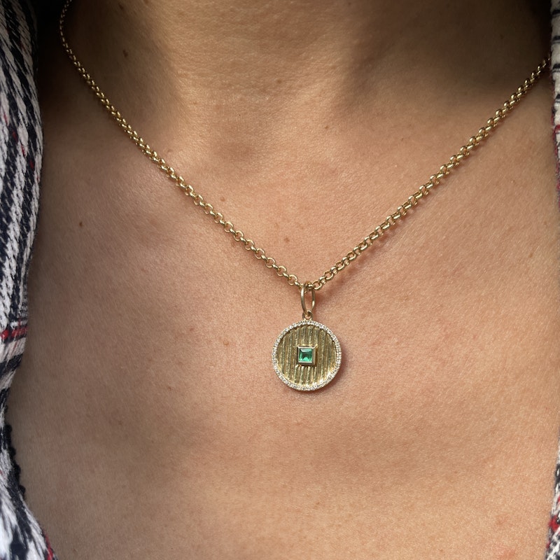 14k Yellow Gold Emerald and Diamond Fluted Round Charm