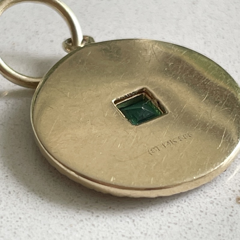 14k Yellow Gold Emerald and Diamond Fluted Round Charm