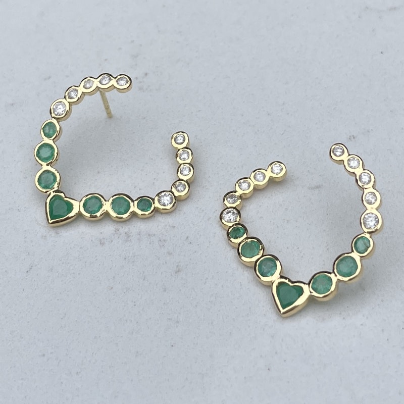 La Muse Gems 14k Heart Emerald and Diamond Swoop Earrings