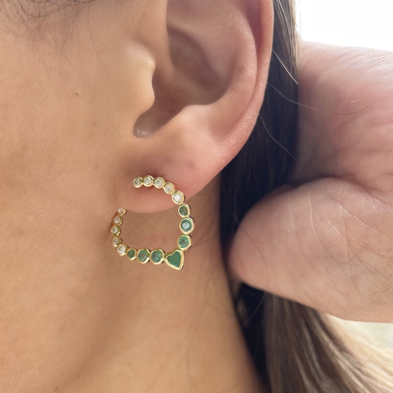 La Muse Gems 14k Heart Emerald and Diamond Swoop Earrings