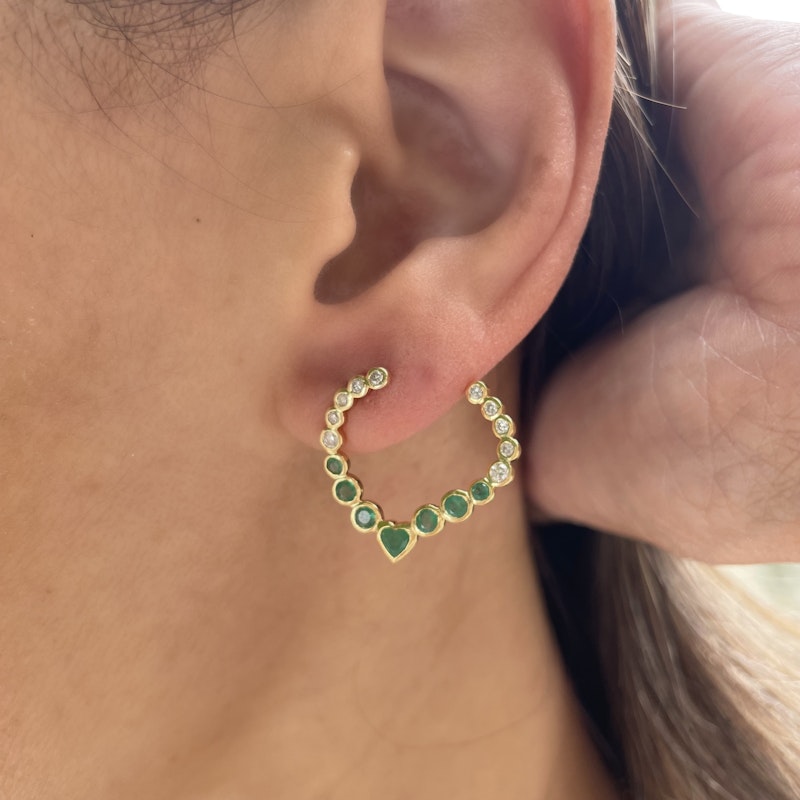La Muse Gems 14k Heart Emerald and Diamond Swoop Earrings