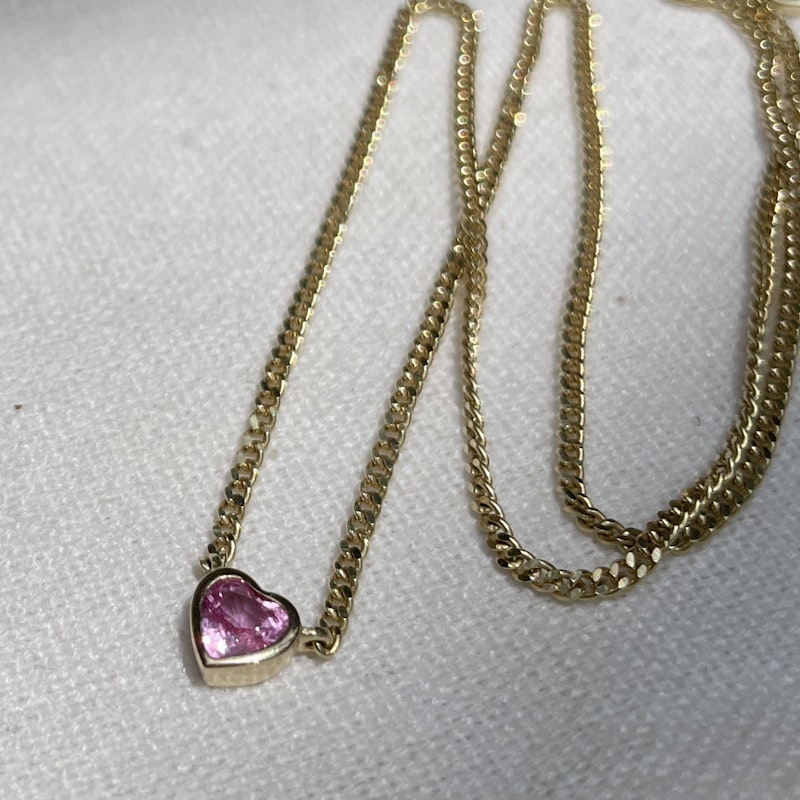 14k Yellow Gold Pink Sapphire Heart Curb Chain Necklace