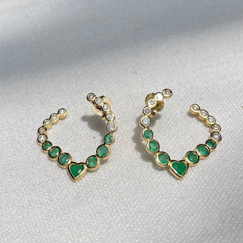La Muse Gems 14k Heart Emerald and Diamond Swoop Earrings
