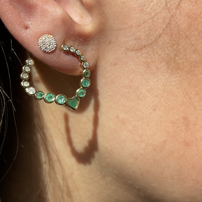 La Muse Gems 14k Heart Emerald and Diamond Swoop Earrings