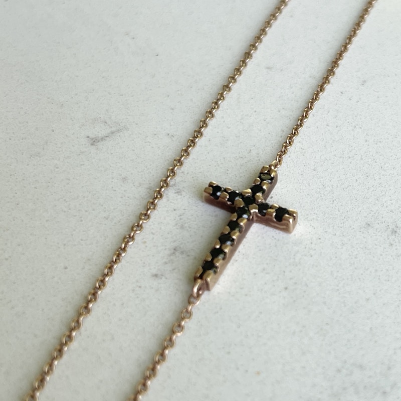 Roseark 14k Rose Gold Black Diamond Sideways Cross Necklace
