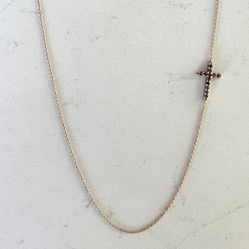 Roseark 14k Rose Gold Black Diamond Sideways Cross Necklace