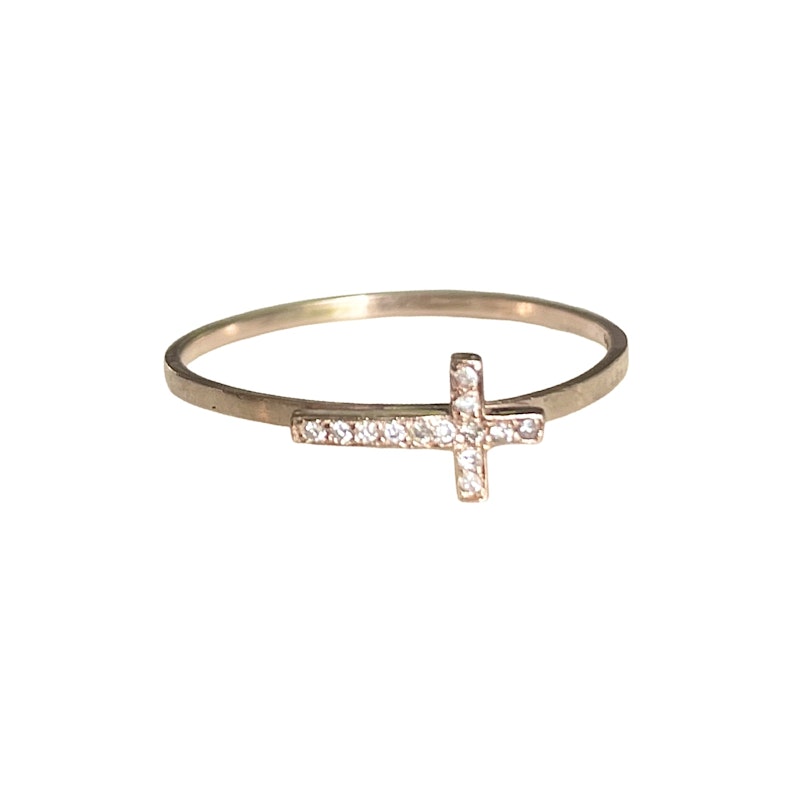 14k Rose Gold and Diamond Sideways Cross Ring