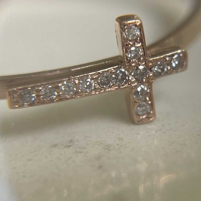 14k Rose Gold and Diamond Sideways Cross Ring