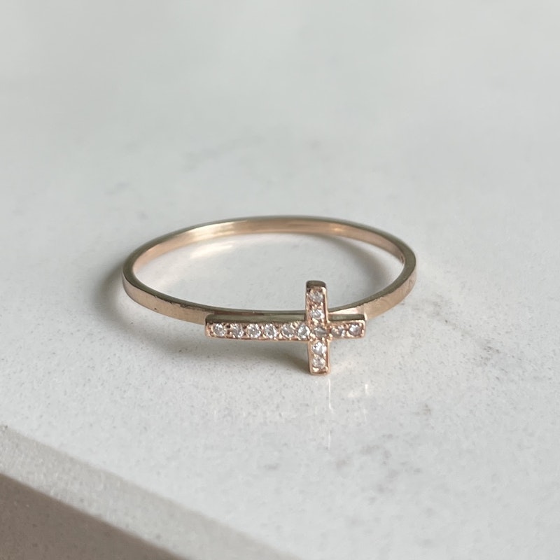14k Rose Gold and Diamond Sideways Cross Ring