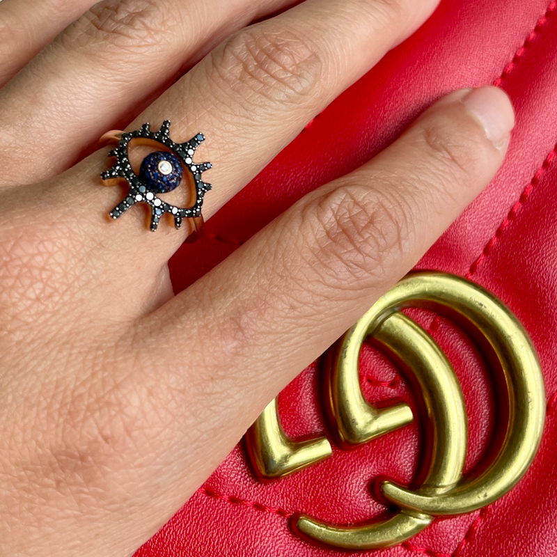 18k Rose Gold Diamond Sapphire Protection Evil Eye Ring