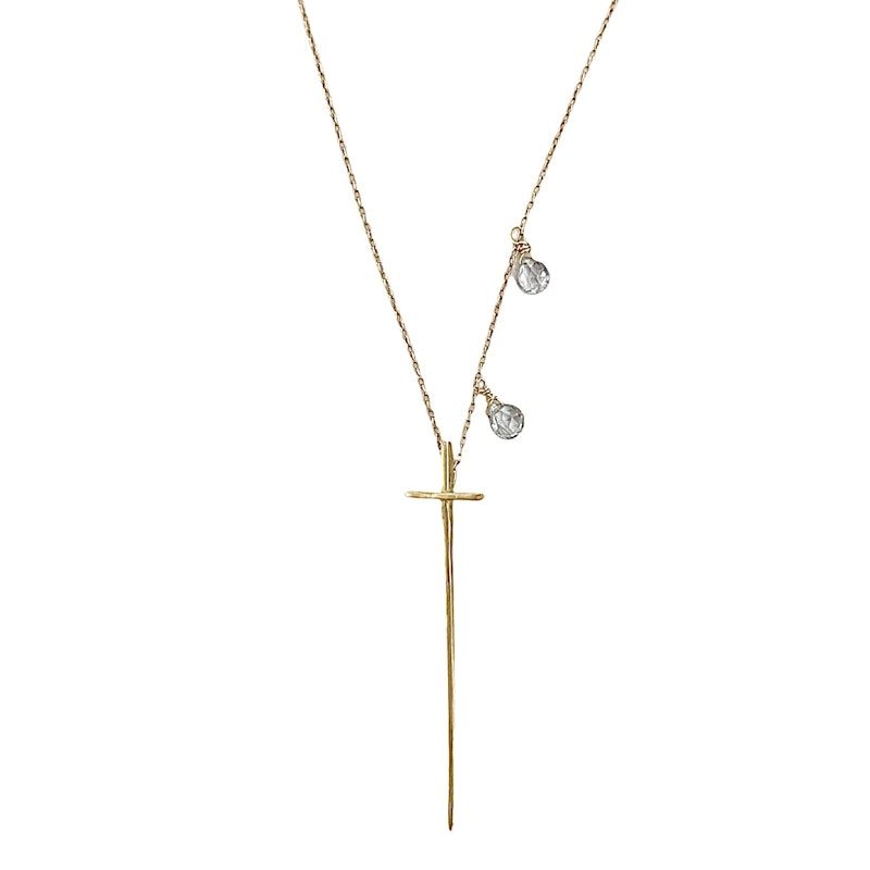 18k Yellow Gold and Aquamarine Thorn Cross Necklace