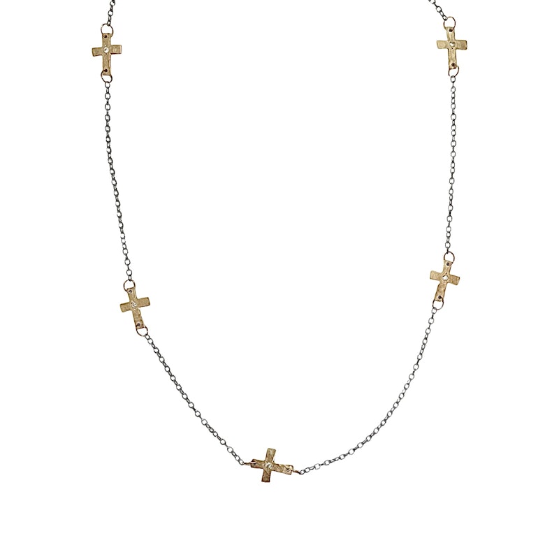 14k Rose Gold Diamond Cross & Oxidized Silver Chain Necklace