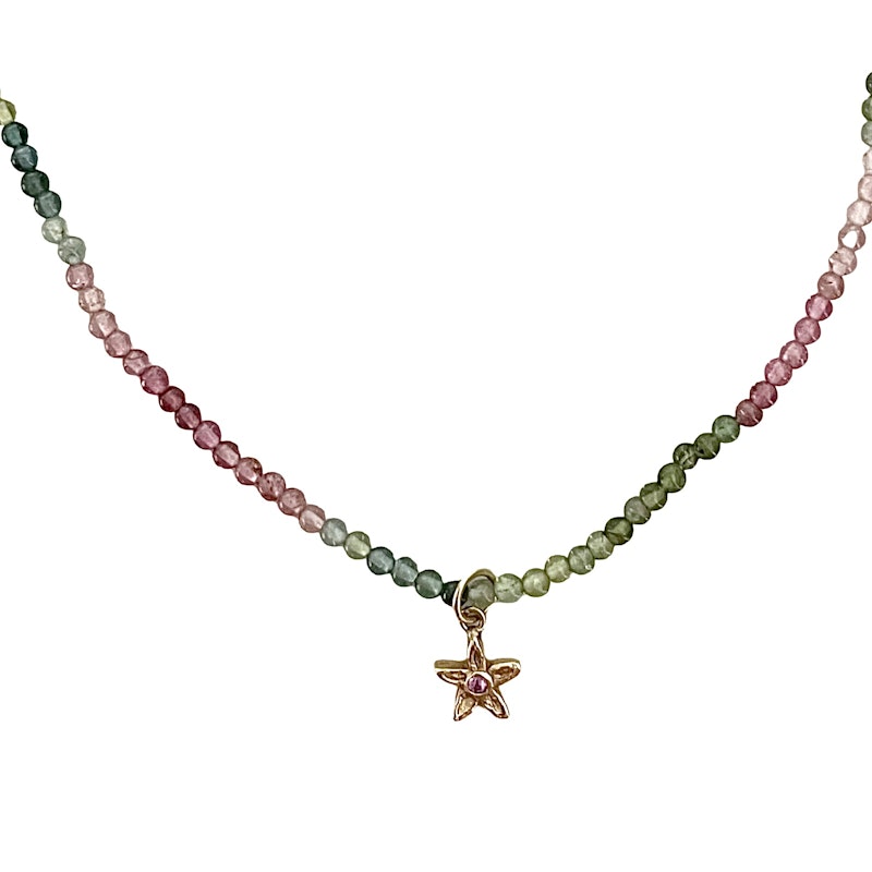 Multi Color Beaded Tourmaline Flower Charm Necklace